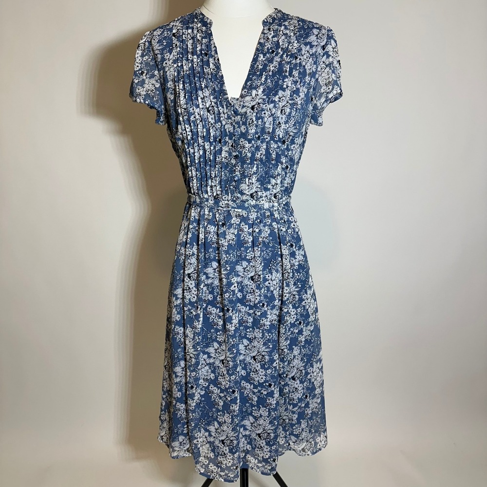 Roz & Ali Blue Floral Pintuck Midi Dress Womens Size 6 Short Sleeve Tie Waist